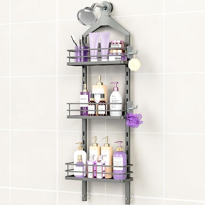 ODesign 3 Tier Height-Adjustable Shower Caddy Hanging Anti-Swing-Over The Shower Head Caddy-Showe r Storage Organizer Bathroom Shelves Basket Caddies-Grey