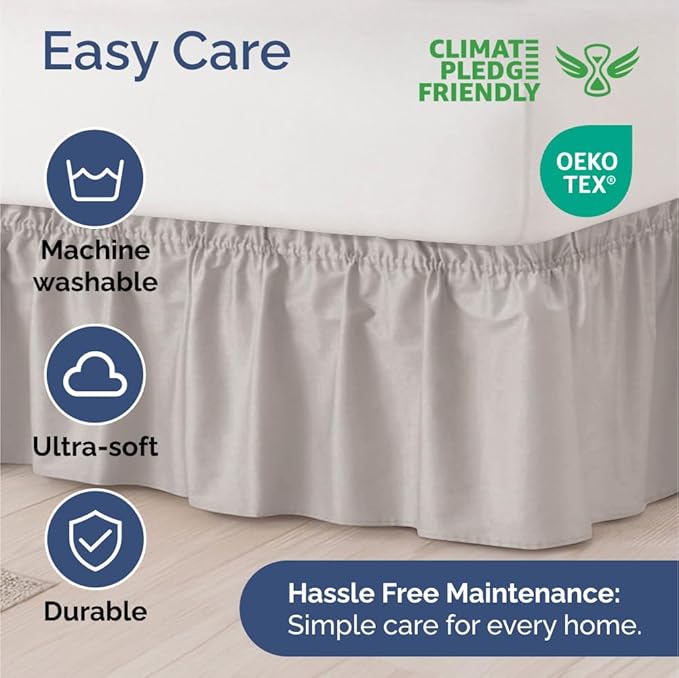 Wrap Around Dust Ruffle Bed Skirt - Light Grey - for Full Size Beds with 24 Inch Drop - Elastic Strap - Adjustable Pleated Bedskirt with Brushed Fabric and Wrinkle Free - for Women, Men, Kids & Teens