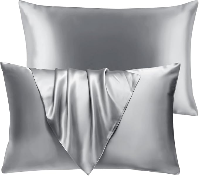 BHZ Satin Goose Down Feather Pillows King Size Set of 2 with Satin Pillowcase for Hair and Skin, Cooling Pillow Cases Similar to Silk Pillow Cases, Decorative for Women, Mom Men, Grey