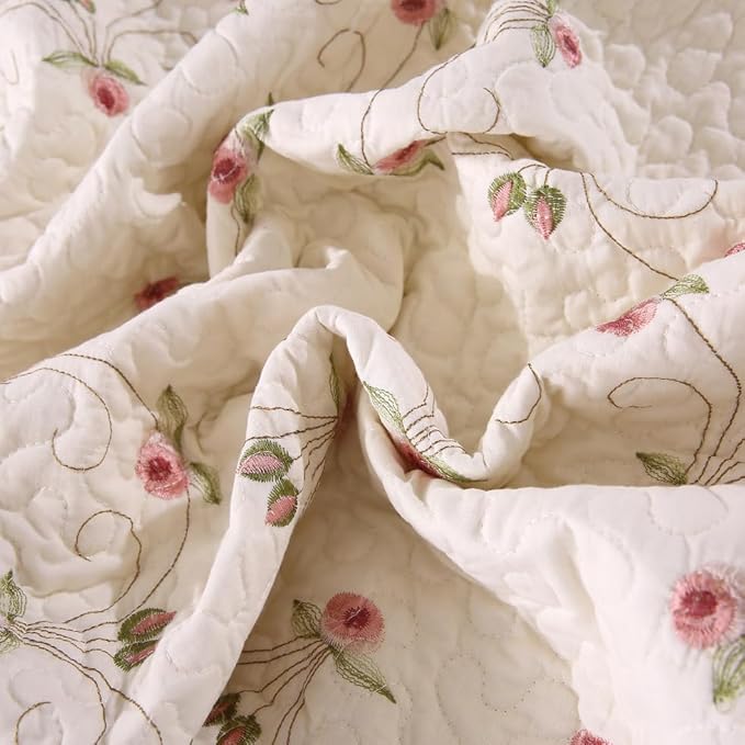 Quilt Set Floral Leaves 3D Embroidery Pattern 3 PCS Cotton Reversible Quilted Embroidered Decorative Bedspreads Coverlet Set, Lightweight &Soft Queen Size Beige Bedding Coverlet for All Season