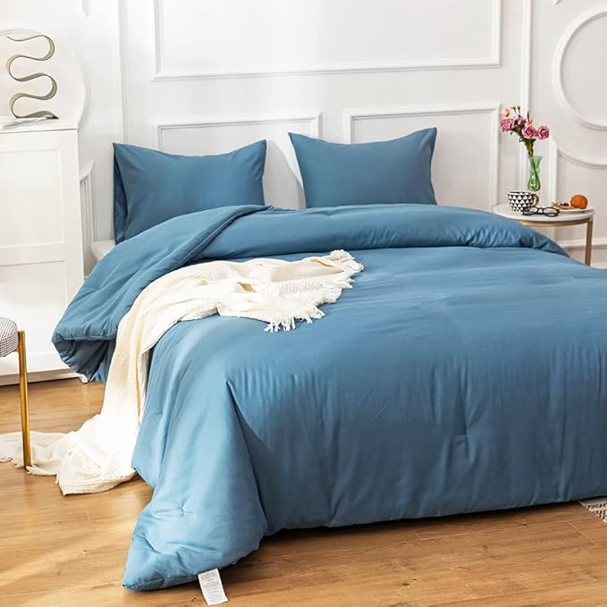 Cottonight Blue Comforter Sets King Lake Blue Bedding Set Haze Blue Blanket Quilt Solid Color Modern Breathable Soft King Bedding Comforter Sets for Women Men
