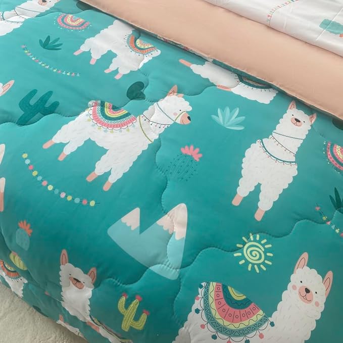 Wajade Kids Llama Comforter Set Bed in A Bag Twin Size 7 Piece Cute Alpaca Tropical Plant Cactus Bedding Set for Girls Boys (1 Comforter, 1 Flat Sheet, 1 Fitted Sheet, 2 Pillowcase and 2 Pillow Sham)