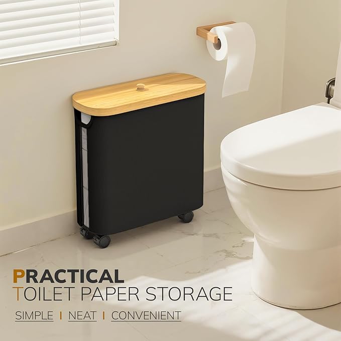 Toilet Paper Storage with Wheel Bamboo Toilet Paper Holder with Lid and Handle Toilet Papers Organizer for Bathroom Free Standing 30L Papers Basket for 9-12 Rolls Bathroom Accessories, Black