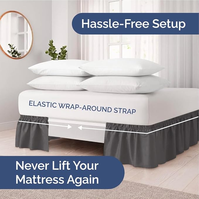 Wrap Around Dust Ruffle Bed Skirt - Charcoal - for Full Size Beds w/ 12 Inch Drop - Easy Fit Elastic Strap - Adjustable Pleated Bedskirt w/Brushed Fabric - Wrinkle Free - for Women, Men, Kids & Teens
