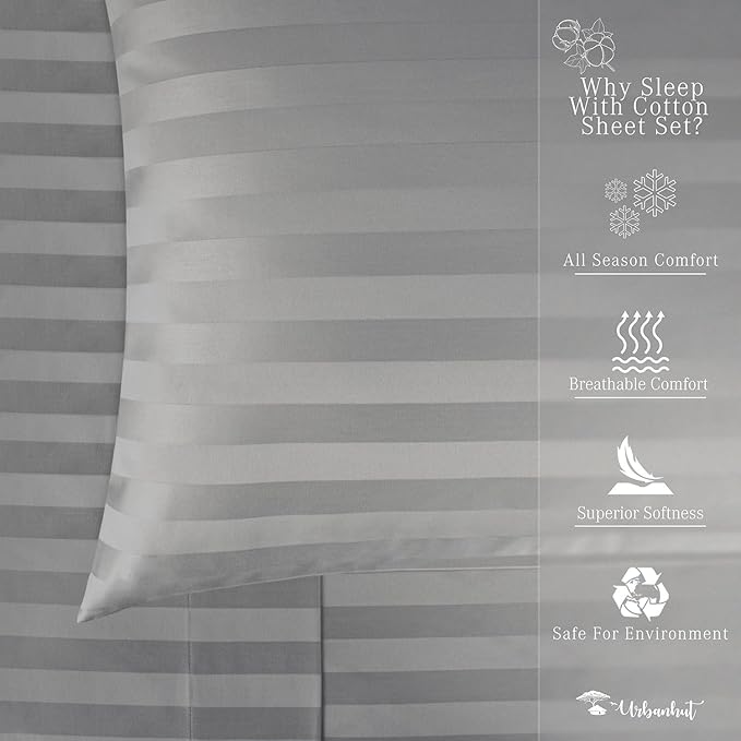 URBANHUT 1000 Thread Count Egyptian Cotton Sheets Damask Striped California King Size, Long Staple Soft & Breathable, 4 Pc Bed Sheet Sets, Luxury Hotel Sateen Sheets Fits 16" Deep Pocket - Dark Grey