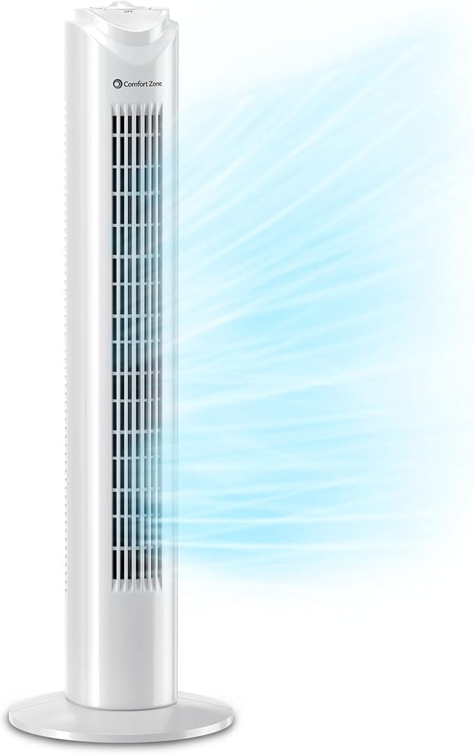 Comfort Zone Tower Fan for Bedroom, 32 inch, 3 Speeds, 90 Oscillation, Bladeless Indoor Fan, Built in Carry Handle, Portable Stand Fan, White