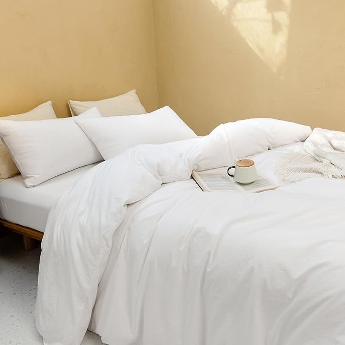 FOSSA White Duvet Cover Set, 100% Washed Cotton Linen Feel Super Soft Breathable Cozy 3 Pieces Bedding Sets Solid Off White Oversized King Plus