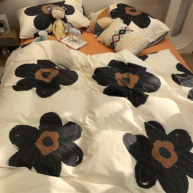 KAREVER Black Floral Comforter Set Black Botanical Bedding King Women Chic Blankets Lightweight Black Sunflower Reversible Bed Comforter Set King Size