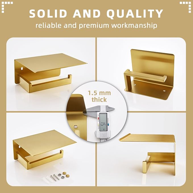 Angle Simple Toilet Paper Holder with Shelf, 304 Stainless Steel Bathroom Tissue Roll Holder for Wall Brushed Gold