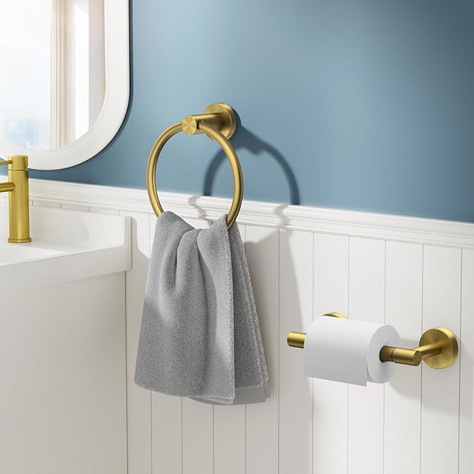 FORIOUS Toilet Paper Holder Wall Mount, SUS304 Stainless Steel Double Post Pivoting Tissue Roll Holder and Hand Towel Ring Set for Bathroom, RV, Bathroom Hardware Accessories Set, Brushed Gold