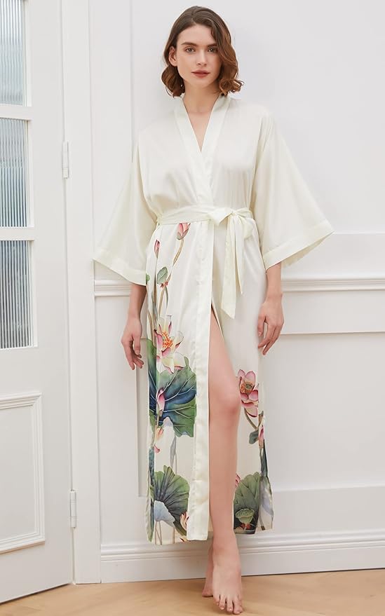 Ledamon Women's Kimono Long Robe - Classic Floral Bathrobe Nightgown