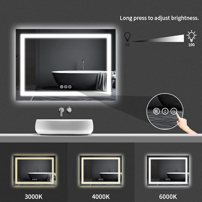 Amorho LED Bathroom Mirror 48"x 32" with Front and Backlight, Stepless Dimmable Wall Mirrors with Anti-Fog, Shatter-Proof, Memory, 3 Colors, Double LED Vanity Mirror