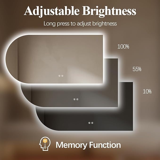 Arched LED Bathroom Mirror, 40"x24" Arch Framless Backlit Mirror with Lights Vanity Mirror for Makeup, Anti-Fog, Dimmable, 3-Color, Memory Function, IP65 Waterproof, UL Listed, Horizontal-Right