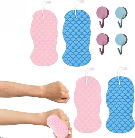 Skin Scrubber Exfoliator - 3D Super Soft Body Scrub Sponge for Dead Skin Removal, Reusable Skin-Friendly Exfoliator Also a Gentle Bath Sponge for Baby, for Adults, Kids & Pregnant Women (2Blue+2pink)