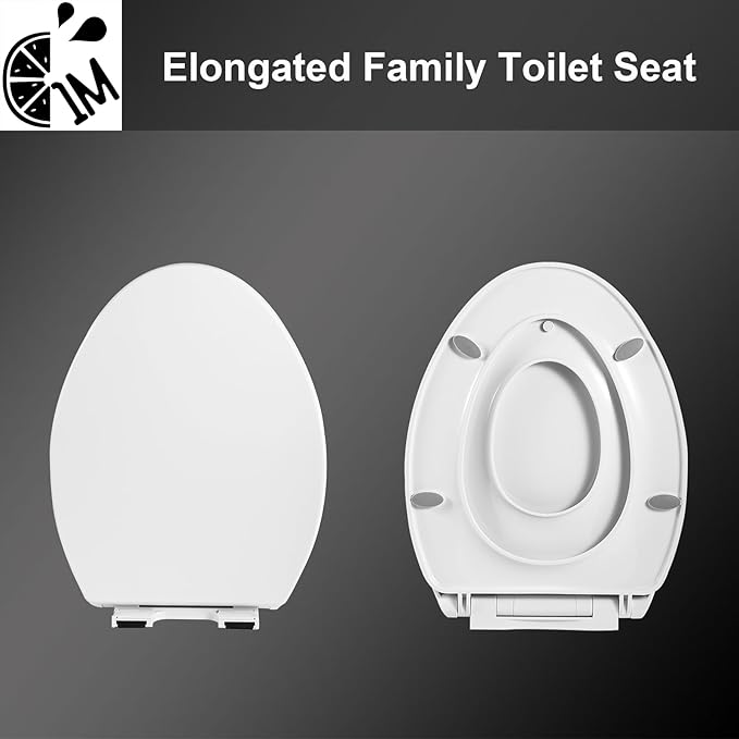 1M Family Toilet Seat, Patented Slow Close & Quick Releasing Technology, Anti-Wiggling, Easy to Install and Clean, Standard Elongated with Toddler Seat Built In (2 Pieces)