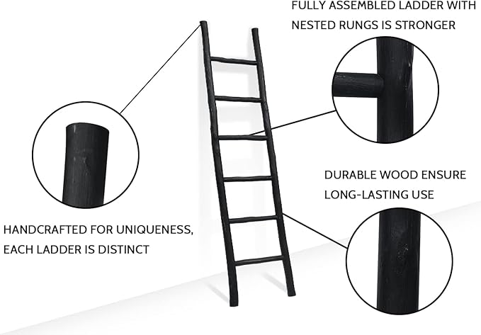 FUIN Fully Assembled 6ft Wood Blanket Ladder Living Room Decorative Wall Leaning Farmhouse Quilt Display Holder Rustic Wooden Towel Rack for Bathroom, Black