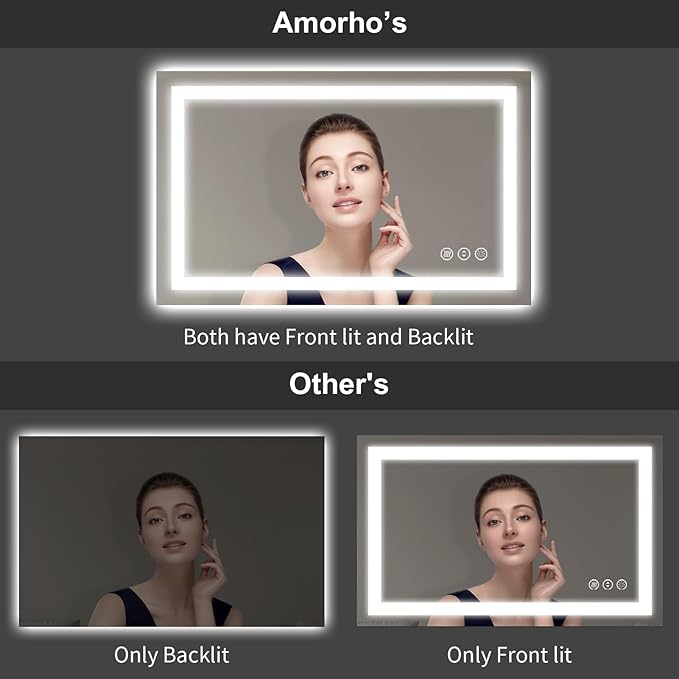 Amorho LED Mirror for Bathroom 28"x 32" with Front Light and Backlit, Stepless Dimmable, Shatter-Proof, Memory, 3 Colors, Wall Mount (Horizontal/Vertical)