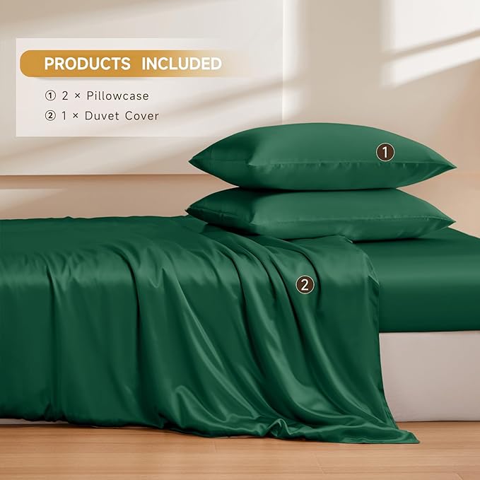 THXSILK 100% Pure Mulberry Silk Duvet Cover Set 3 Piece, 6A+ Grade Luxury Soft Bedding Silk Sheets for Hair and Skin, 1 Pcs Quilt/Comforter Cover with 2 Zippered Pillowcases (Emerald Green, Full)
