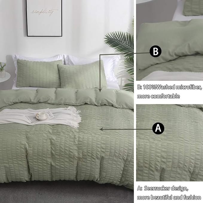 AveLom Green Duvet Cover Queen(90 x 90 inches), 3 Pieces (1 Duvet Cover, 2 Pillow Cases),Seersucker Tripe Soft Washed Microfiber, Textured Duvet Cover Set with Zipper Closure, Corner Ties