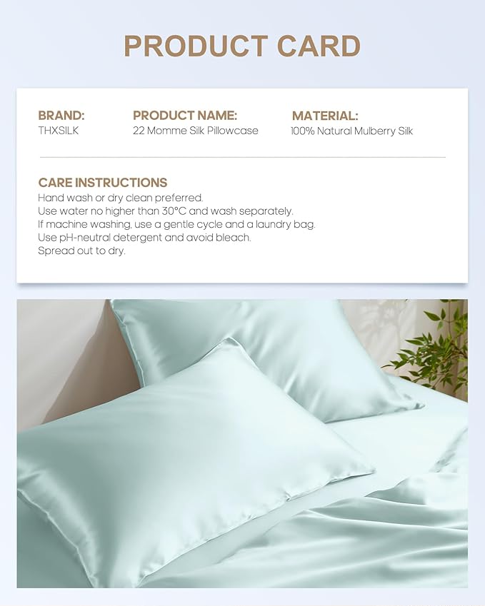 THXSILK 100% Mulberry Silk Pillowcase for Hair and Skin, Grade 6A+ Mulberry Silk Pillow Case 22 Momme, Hypoallergenic Pillow Case Cover with Zipper, 1pc (Queen 20"x30", Light Blue)