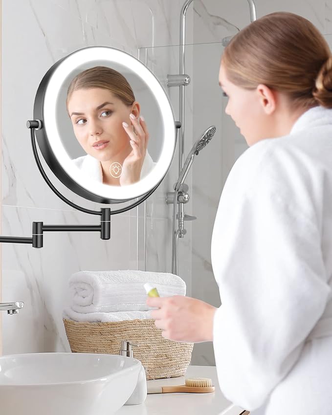 Benbilry 9" Large Wall Mounted Lighted Makeup Mirror, 1X/10X Magnifying Double-Sided AC Pulg-in Powered Bathroom Mirror with 3 Color Lights, Touch Dimmable, Extended Arm 360 Rotation, Black