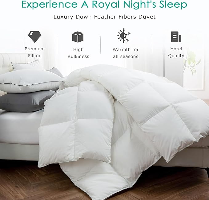 APSMILE Premium Down Feather Fiber Comforter Queen Size, All Season Duvet Insert Queen Size with 8 Corner Tabs, Ultra Soft Poly-Cotton Cover Down Feather Fiber Comforter (White, 90 * 90")