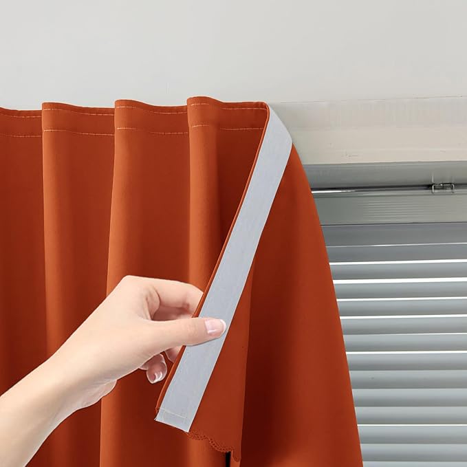 Self Adhesive Curtains Portable Blackout Curtain Simple and Easy to Install Bedroom Window Thermal Lnsulated Kitchen Room Darkening Black Small Drapes, 47" W X 84" L, Orange, 1 Panel