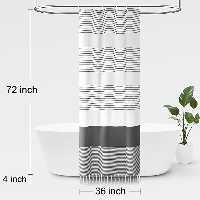 Awellife Gray Shower Curtain for Bathroom Stripe Tassel Shower Curtain 36 X 72 Farmhouse Cotton Boho Dark Grey