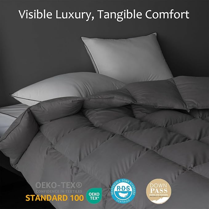 Luxury Down Fiber Comforter Queen Size - High Fill Power Medium Warmth for All Season Duvet Insert - Light Weight, Charcoal Grey (90" x 90")