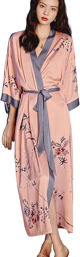 Silk Satin Robe for Women Long Japanese Kimono Robe Lightweight Soft Bathrobe Floral Luxury Dressing Gown