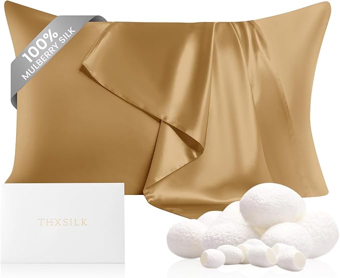 THXSILK 100% Pure Mulberry Silk Pillowcase for Hair and Skin, 22 Momme Zipper Silk Pillow Case Standard Size, Real Silk Pillowcase with Zipper, Anti Aging Acne Free (Metallic Gold, Standard 20"x26")