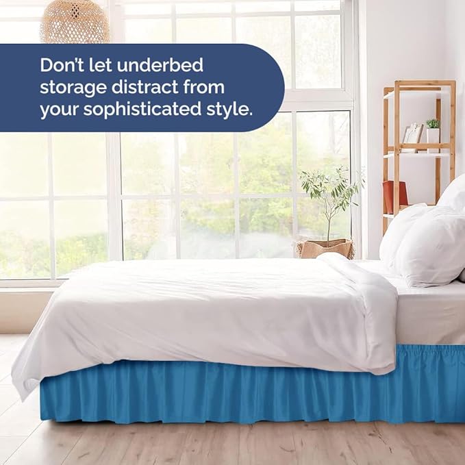 Wrap Around Dust Ruffle Bed Skirt - Denim Blue - for Full Size Beds with 12 Inch Drop - Elastic Strap - Adjustable Pleated Bedskirt with Brushed Fabric and Wrinkle Free - for Women, Men, Kids & Teens