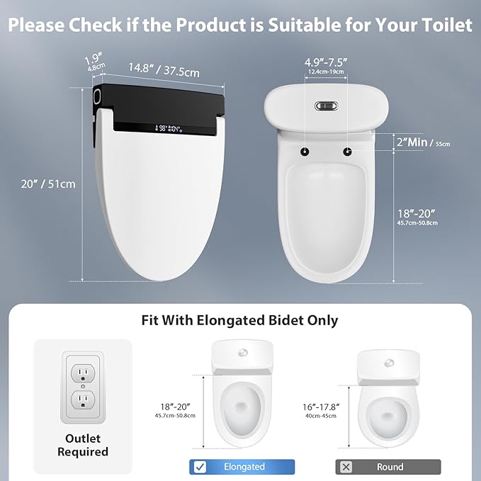 Electric Toilet Seat, Elongated Smart Heated Toilet Seat with Warm Water & Dryer, Feminine & Child Hip Wash, Wireless Remote, Self-Clean, Stainless Steel Nozzle, Adjustable Water Pressure