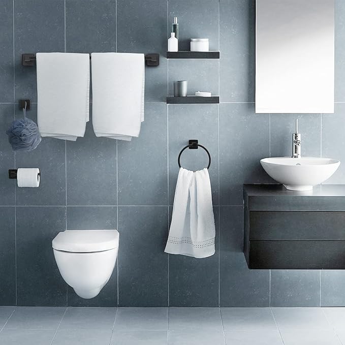 Bathroom Hardware Set 4 Pieces, Matte Black Stainless Steel Towel Bar Set, Includes 20In Towel Bar, Towel Ring, Robe Towel Hooks,Toilet Paper Holder, Bathroom Towel Rack Set