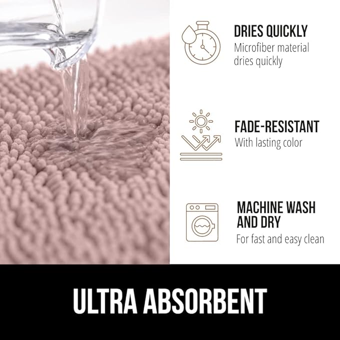 GORILLA GRIP Bath Rug Mat, Soft Absorbent Chenille, Quick Dry Microfiber Mats, Rubber Backing Washable Shower Floor Rugs, Bathmat Runner, US Designed Bathroom Home Decor Accessories 24x17 Dusty Rose