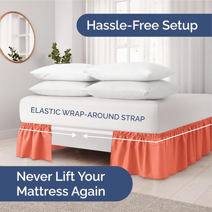 Wrap Around Dust Ruffle Bed Skirt - Coral - for Queen Size Beds with 15 Inch Drop - Easy Fit Elastic Strap - Adjustable Pleated Bedskirt w/Brushed Fabric - Wrinkle Free - for Women, Men, Kids & Teens
