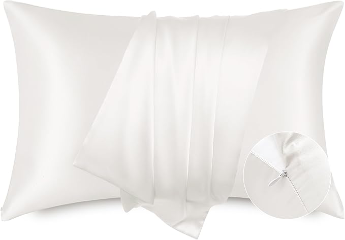 Bedsure Satin Pillowcase with Zipper, Similar to Silk Pillow Cases 2 Pack, Satin Pillow Cases Queen Size Set of 2, Silky & Soft Ivory Pillow Cover for Hair and Skin, Gifts for Women Men, 20x30 Inches