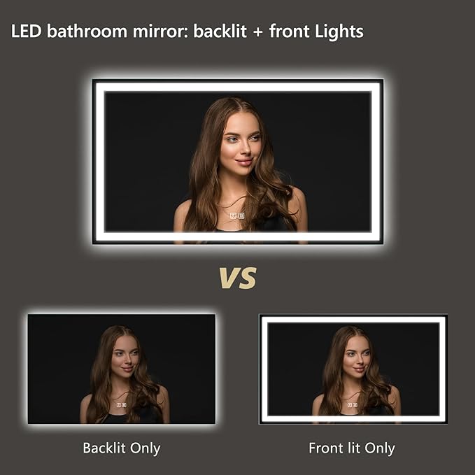 APRILSOUL 55x36 Inch LED Bathroom Mirror with Front and Backlit, Makeup Mirror with 3 Color Lights, Memory Function, Anti-Fog and Dimmable Light (Horizontal)