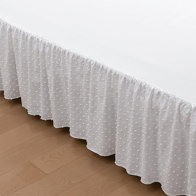 Tufted Dot Bed Skirt Queen Size Ruffled Bed Skirt with Split Corners, 14 Inch Drop Dust Ruffle Bed Skirts with Platform, White