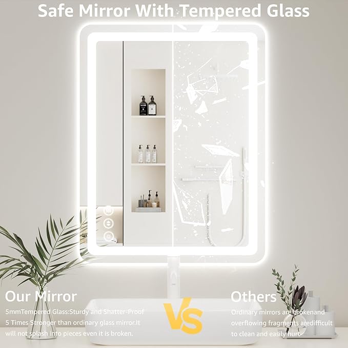 40" x 30" Led Bathroom Mirror with Lights, Anti-Fog & Tri-Color Lighting - Wall Mounted Shaving Mirror with Touch Sensor, Waterproof & Smart LED Vanity Mirror,Tempered Glass, Dimmable Smart Mirror