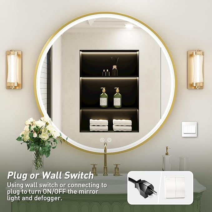 28" Round LED Bathroom Mirror, Dimmable Anti-Fog Vanity Mirror with Touch Control, 6000K Natural Light, Gold Metal Frame, Wall Mounted for Makeup Shaving (IP54, 90+ CRI)