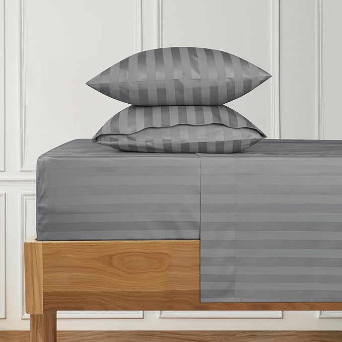 URBANHUT 1000 Thread Count Egyptian Cotton Sheets Damask Striped King Size, Long Staple Soft & Breathable, 4 Pc Bed Sheet Sets, Luxury Hotel Sateen Sheets Fits 16" Deep Pocket - Dark Grey