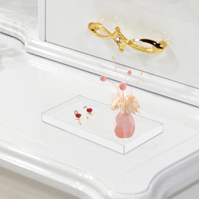 Bigfety Acrylic Bathroom Tray for Counter, Handmade Clear Trays Sturdy Organizer for Cup, Sponge, Soap, Plant (Medium, Clear)
