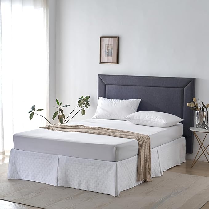 King Size Bed Skirt, Pleated Knitted Jacquard Waffle Weave Striped Bed Skirt, Tailored Dust Ruffle 14 Inch Drop Easy Fit, Machine Washable (White, King- 14" Drop)