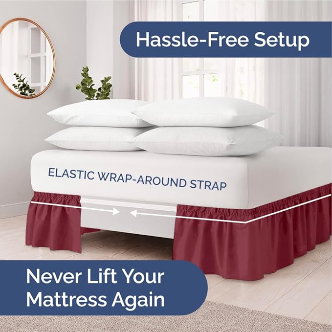 Wrap Around Dust Ruffle Bed Skirt - Burgundy - for Queen Size Beds with 15 Inch Drop - Elastic Strap - Adjustable Pleated Bedskirt with Brushed Fabric and Wrinkle Free - for Women, Men, Kids & Teens