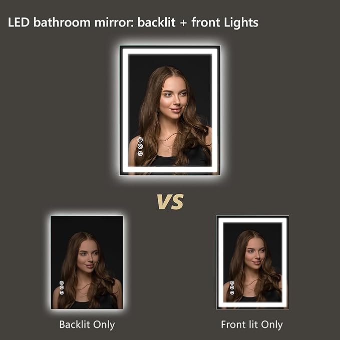 APRILSOUL 20x28 Inch LED Bathroom Mirror with Front and Backlit, Makeup Mirror with 3 Color Lights, Memory Function, Anti-Fog and Dimmable Light (Horizontal/Vertical)