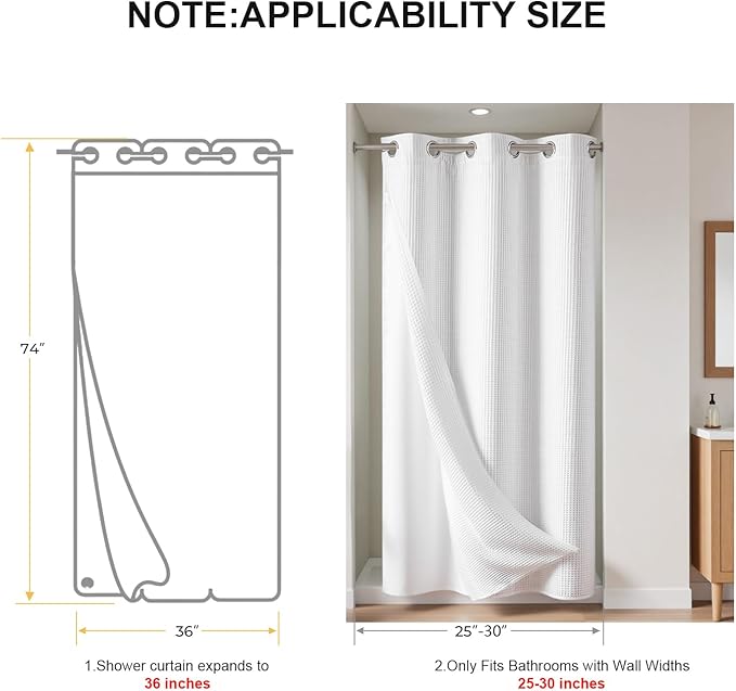 River Dream 36" W Stall Waffle No Hook Shower Curtain with Snap-in Liner,Cotton Blend Fabric Shower Curtain for Bathroom, White,36Wx74L