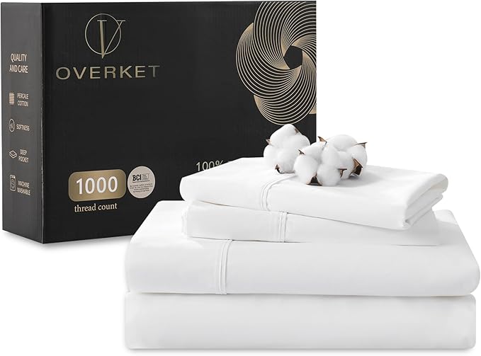 1000 Thread Count Egyptian Cotton Sheets Queen Size Set Sateen Weave Soft Breathable 16-Inch Deep Pocket 4PCS（Queen,White）