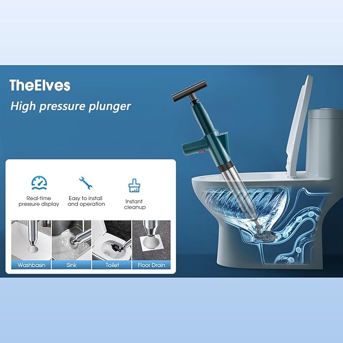 TheElves Toilet Plunger Heavy Duty, Electric High Pressure Toilet Clog Remover Tool, Powerful Bathroom Plunger for Drain Cleaning - Green