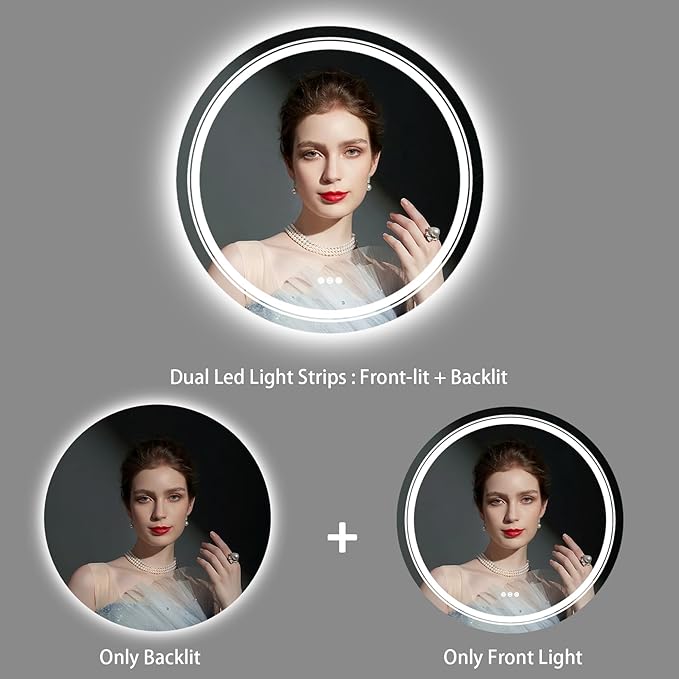 LUVODI Lighted LED Bathroom Mirror: 32” Circle Wall Mounted Large Lighted Makeup Mirror with Backlit and Front Light - Illuminated Dimmable 3 colors Vanity Mirrors with Demister Pad Smart Touch Switch